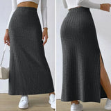 Patcute  Solid Color Long Skirt Striped High Waist Knitted Maxi Skirt for Women Warm Slim Fit Ankle Length Sheath Skirt with Split Hem