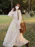 Patcute Spring and Autumn New Women's White Beach Dress Waist Pleated Holiday Long Sleeve Chiffon Dress