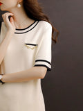 Patcute Knitted Sweater Women Dress Knee Length Loose Straight Elegant Metal Chain O Neck Short Sleeve Mini  Dress Casual Summer 2022