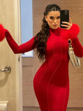 Patcute autumn winter new red feather sleeve midi dresss for women gown fashion turtleneck backless sexy party long dress