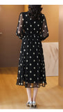 Patcute Black Silk Long Sleeve O-Dot Printed Bubble Sleeve Dress for Women's Spring/Summer New French Sweet Waist Silk Long Skirt