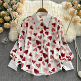 Patcute  Turn Down Collar Heart Print Long Sleeve Design Sense Blouses Blusas Mujer De Moda Chic Single-breasted All-match Shirts