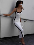 Patcute European And American Style Minimalist Suspender Dress For Women'S Summer Black And White Splicing Slit Slim Fit Long Skirt