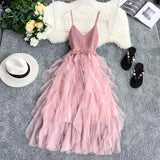 Patcute  Summer Sleeveless Sling Gauze Tulle Dress Women knit V-neck Sexy Backless Long Dresses Sweet Mesh Pink Party Dress Vestidos