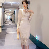 Patcute  Spring Autumn Koreay Style Lace Bow Collar Long Sleeve Female Chic Elegant Sheath Bodyocn Party Dress Women