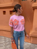 Patcute  Fashion Women 3D Flower Knitted Sweater Elegant Lady O Neck Short Sleeved Pullover Tops 2024 Chic Female Commute Street Outfits