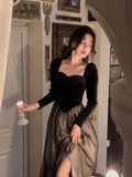 Patcute Autumn Elegant Velvet Long Sleeve Midi Dress Woman Slim Vintage Evening Party Dress Female Casual Korean Fashion Dress Chic