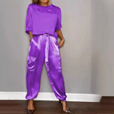 Patcute  Monochrome Satin Two-Piece Set for Women, Round Neck, Long Sleeved Top, Casual Loose Pants, Spring and Summer Fashion