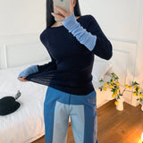 Patcute  Ribbed Colorblock Women Knit Pullover Crew Neck Long Sleeve Sweater Top Colour Contrasted Sleeves Autumn/Winter Women Clothes