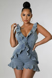 Patcute  V-Neck Ruffled Open Back Denim Jumpsuit Sexy Women Y2K Romper Sleeveless Summer Skinny V Neck Playsuit Streetwear Outfit