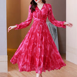 Patcute  Summer New Red Silk Long sleeved Dress V-Neck French Silk Lace Splice Printed Waist Slim Over Knee Long Dress