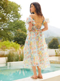 Patcute Backless Sexy Beach Slip Dress Short Sleeve Boho Woman Sundress Elegant Rainbow Floral Bandage Long Summer Dresses Women 2024