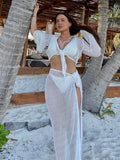 Patcute  Knitted Crochet Beach Cover Ups Swimsuit Two Pieces Bathing Suit Women Sexy Long Sleeve Hollow Crop Tops Split Maxi Skirts