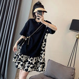 Patcute Summer Sweet Printing Patchwork O-neck Short Sleeve Oversized Midi Dress Femme Korean Loose Pleated Pullover T-Shirt Dresses