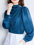 Patcute  Elegant Women Blouses Satin Female Metal Button Shirts Blue White Office Lady Work Wear Tops Long Sleeve Femme Blusas Chiffon