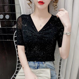 Patcute Short-sleeved Women Mesh T-shirt Summer Shiny bottoming top Casual Bright Silk Pleated Black Shirt blusa feminina