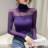 Patcute  Autumn Winter High Collar T shirt Women Sexy Mesh Bottoming Shirt Long Sleeve Solid Color Slim Fit Long Sleeve Casual Tops