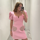 Patcute   2024 Spring New Women's Fashion and Versatile V-neck Pink Bubble Sleeves Sequin Short Dress