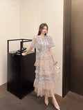 Patcute  Summer 2024 New  Fashion Runway Dresses Women Round Collar Short Sleeve Mesh Mosaic Flower Cake Dress Vestido