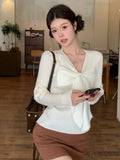 Patcute Spring and Autumn Women's New Bow Lace-up Long Sleeve V-Neck Slim-fit Knitted Sweater