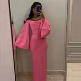 Patcute Yipeisha Saudi Arabia Sexy Long Sleeves Boat Neck Prom Dresses Straight Pleated Floor Length Formal Evening Party