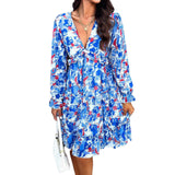 Patcute  High Quality Women Clothing 2024 Spring Summer Temperament Printed V-neck Ruffled Long Sleeved Dress Vestidos Fashion Sexi Hot