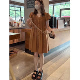 Patcute Sweet V-Neck Button Spliced Folds Puff Sleeve Mini Dress Female Clothing 2024 Summer New Loose Casual Solid Color Princess Dress