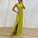 Patcute Women Sleeveless Fashion Maxi Dress Female O-Neck Slim Evening Dress Vestido New Skinny Stitching Pleated Slit Casual Dress