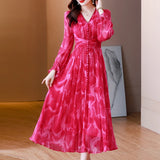 Patcute  Summer New Red Silk Long sleeved Dress V-Neck French Silk Lace Splice Printed Waist Slim Over Knee Long Dress