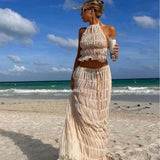 Patcute  Sexy Halter Backless Crop Top Long Skirt Women 2 Piece Set Summer Fold Lace Up Beach Vacation Outfits 2024 Elegant White Suits