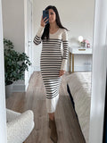 Patcute Stripe Bodycon Knitted Dresses For Women Long Knit Ribbed Black Striped Dress V Neck Elegant Maxi Dresses Women Long Sleeves