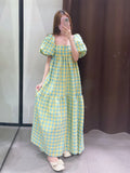 Patcute  Korean style Summer Plaid Print Ruffle Square Neck Checked Dress Short Sleeve Tie Up Strap Gingham Midi Dress Women