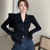 Patcute  Black Knit V Neck Cardigan Women Korean Fashion Long Sleeve Sweater Cardigans Woman Single Breasted Slim Fit Jumper Mujer