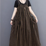 Patcute #3389 Summer Vertrical Striped Dress Women Pockets Loose Vintage A-line Dress Sleeveless Spaghetti Strap Dress Ankle-length