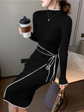 Patcute  Women Knitted Dress New Autumn Winter Slim Lace-Up Long Sleeve Bottoming Sweater Skirt Elegant Fashion Office Female Vestidos