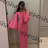 Patcute Yipeisha Saudi Arabia Sexy Long Sleeves Boat Neck Prom Dresses Straight Pleated Floor Length Formal Evening Party