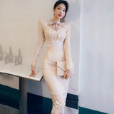 Patcute  Spring Autumn Koreay Style Lace Bow Collar Long Sleeve Female Chic Elegant Sheath Bodyocn Party Dress Women