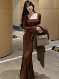 Patcute Autumn Fashion Maxi Dress Women Long Sleeves Square Collar Spring Korean Style Slim Fit Mermaid Elegant Basic Thin Vestidos 2023