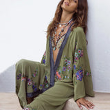 Patcute Long Boho Cardigan Light Green Floral Embroidery Beach Bikini Cover Up Kaftan Kimono Robe Summer Loose Women Blouses