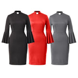 Patcute  Women Clergy Tab Collar Dress Black Mass Dress Retro Bodycon Knee-Length Work Pencil Dress