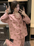 Patcute  Korean Ins Style Cute Bear Pajamas Women's Spring and Autumn 2024 New Brushed Long Sleeve Long Pants Loungewear Set