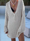 Patcute V-Neck Oversized Women's Sweater Long Sleeve Hollow Out Striped Knit Tops Winter 2024 Trend Casual Loose Pullover Sweaters