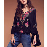 Patcute Boho Blouse 2024 Floral Embroidered Flare Long Sleeve V-neck Casual Holiday Chic Bohemia Loose Style Women Top Hippie Blouses