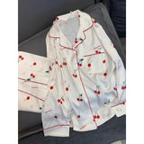 Patcute  Autumn and Winter Long-sleeved Long Trousers Pajamas Female Ice Silk New Silk Cartoon Cherry Print Homewear Suit Women Pajama