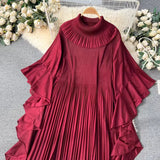 Patcute  Batwing Sleeve o-Neck Oversized Skirt Hem Chiffon Dress 2024 Spring New Women's Design Feeling Pleated Dress Trend Long Skirt