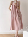 Patcute Pink French Vest Dress For Women's Summer Acetic Acid Imitation Linen Pleated Vacation Style Suspender Long Skirt