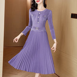 Patcute Pleated Dress 2024 Spring/Summer New O-neck Long sleeved Slimming Elastic Waist Small Fragrance Splicing Magic Dress