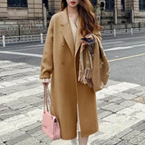 Patcute  Women Mid-length Coat with Double Pocket Design Stylish Double-breasted Women's Winter Coat with Mid-length Lapel Warm for Cold