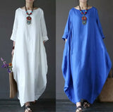 Patcute 5 Solid Candy Colors Womens O Neck Mid Sleeve Kaftan Maxi Dress Summer Autumn Cotton Linen Loose Dresses