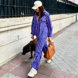 Patcute European And American Style 2024 Summer Women's New Fashion Casual Long Sleeved Striped Loose Shirt High Waisted Long Pants Set